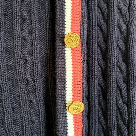 BROOKS BROTHERS Cotton Cable Knit Navy Cardigan with Red and White Trim - Picture 3 of 10